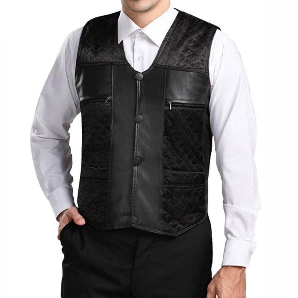 

men's vests winter men plus velvet thicken warm vest waistcoat patchwork pu leather fur sleeveless jacket cowboy suit, Black;white