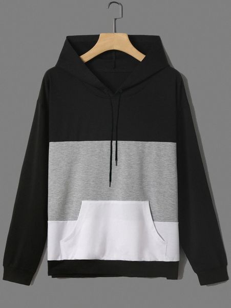

men colorblock kangaroo pocket drop shoulder drawstring hoodie n4wm#, Black