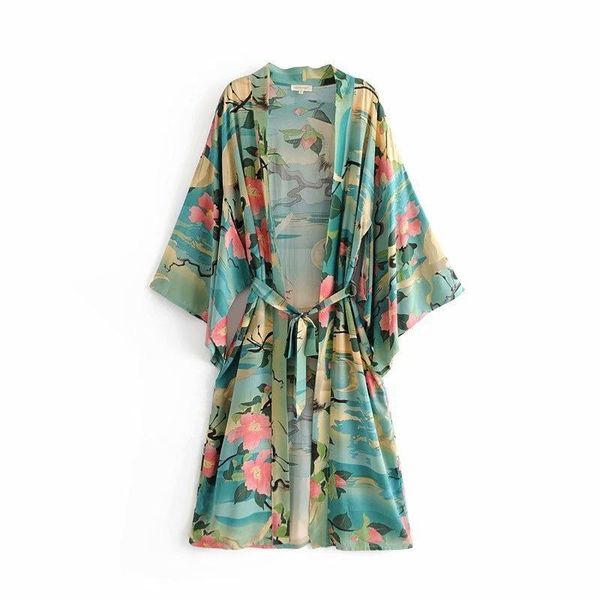 

women's swimwear fitshinling bohemian vintage beach kimono sashes print floral cover-up big sleeve green cotton spring autumn cardigan, White;black