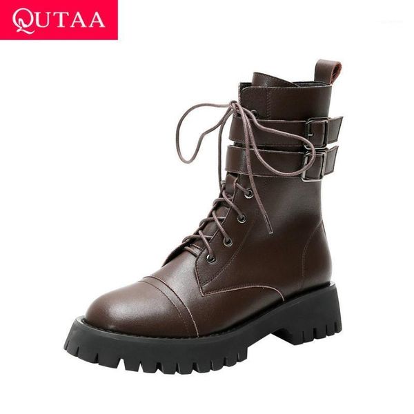 

boots qutaa 2021 cow leather autumn winter ladies pumps lace up buckle zipper ankle square heel quality women shoes size 34-39, Black