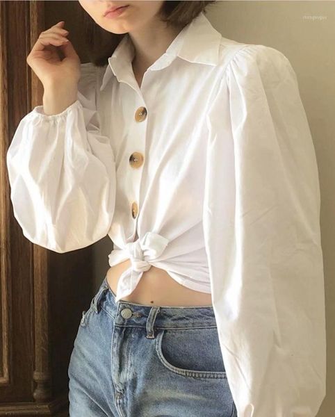 

vintage casual turn down collar ruched white blouse women 2021 spring summer cotton single breasted loose shirt femme vestidos women's