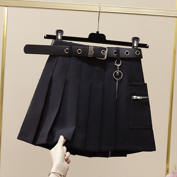 

black pleated summer japanese chain womens skirts gray high waist a bottom chic mini with belt