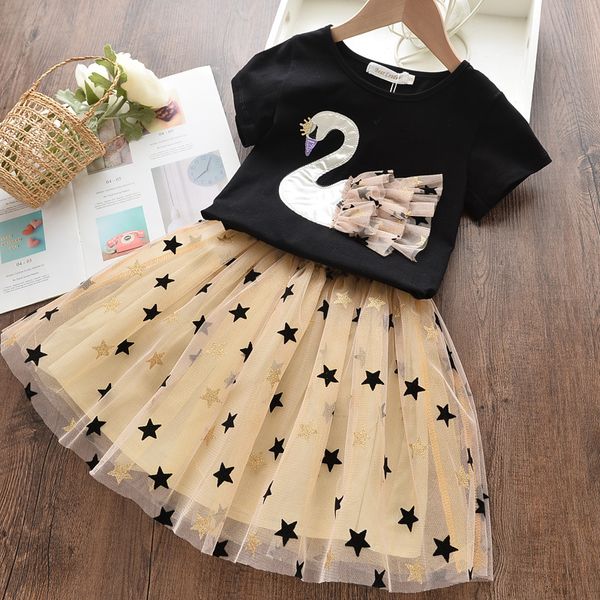 Conjuntos de roupas de crianças europeias e americanas Atacado Moda de verão Meninas coreanas Princesa Swan T-shirt de manga curta + Star Fio Saia de dois pedaços