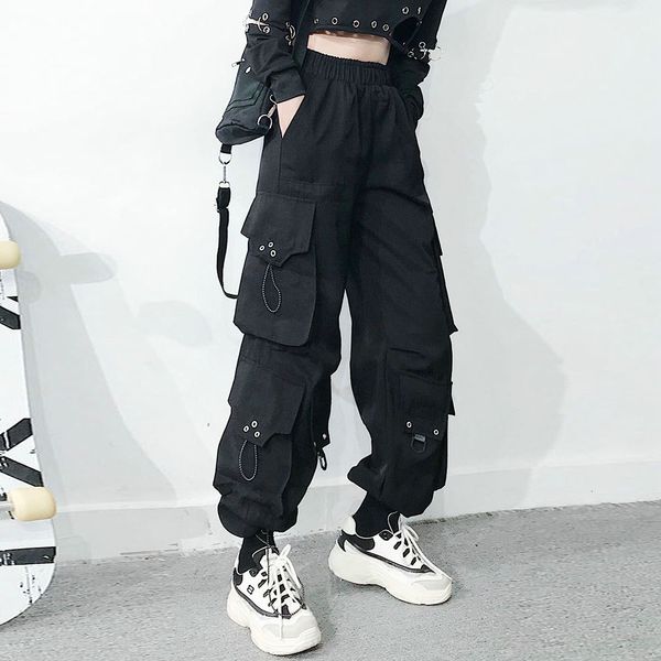 

men's pants harajuku black streetwear women casual punk harem with pockets female long trousers ribbon ladies zth5