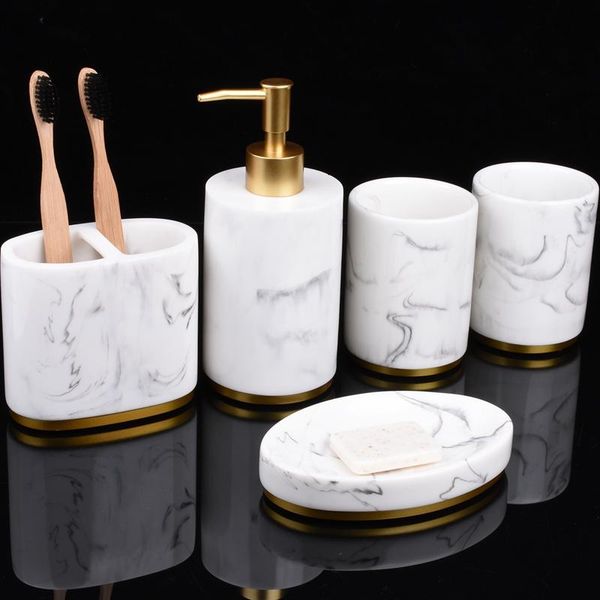 

bath accessory set bathroom accessories set, 5 pieces ensemble, collection marble pattern soap dispenser pump, toothbrush holder, soa