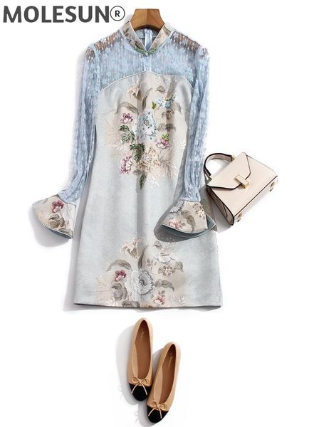 

casual dresses designer spring lace long sleeve stitching jacquard print beading diamond vintage chic mini women's elegant dress, Black;gray