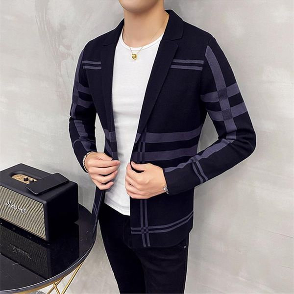 

men's sweaters knitted sweater jacket men fashion brand slim striped long sleeve suit collar cardigan wool coat, White;black
