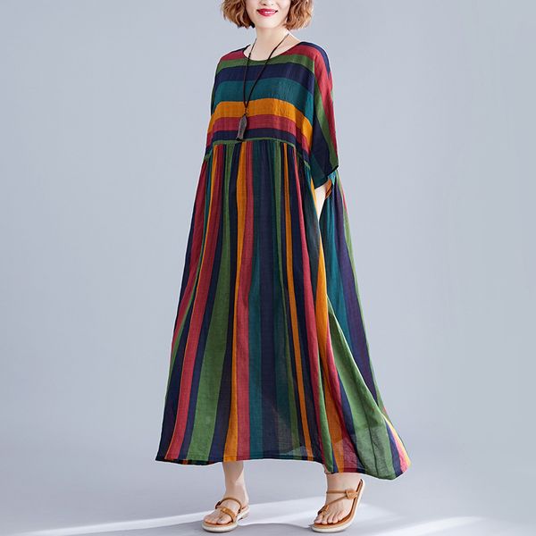 

johnature casual loose patchwork summer dress pockets batwing sleeve o-neck clothes striped korea style women dress 210521, Black;gray