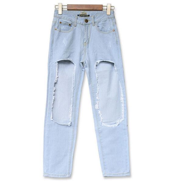 

european street girlfriend boyfriend wind big hole do old light blue cowboy nine pants jeans girl women's