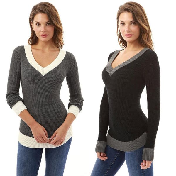 

women's sweaters 2021 autumn women v neck long sleeve casual curve hem sweater fashion pullover plus size#8, White;black