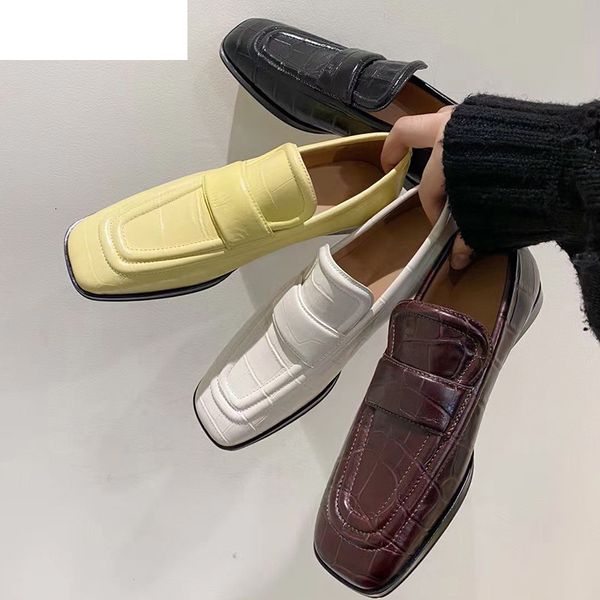 

sandals square toe flat single shoes women crocodile pattern real leather lazy loafers british style spring casual for ladies 2021, Black