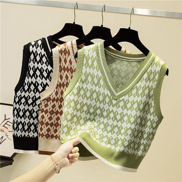 

women's vests ljsxls plaid knitted vest women 2021 sleeveless england style tank loose v neck sweater pullover autumn winter clothes, Black;white