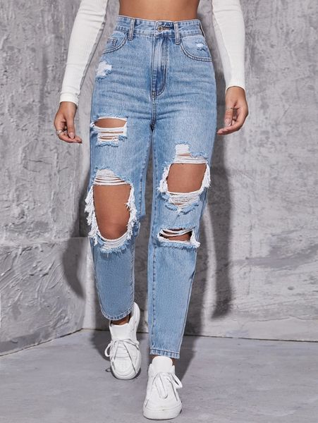 

high waist straight leg ripped jeans e2wz#, Blue