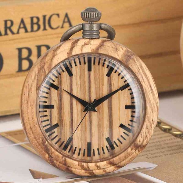 Simples Wooden Bolso Relógio Corrente Retro Wood Round Dial Analog 12 Horas Display Quartz PocketWatch PocketWatch Art Collections para homens