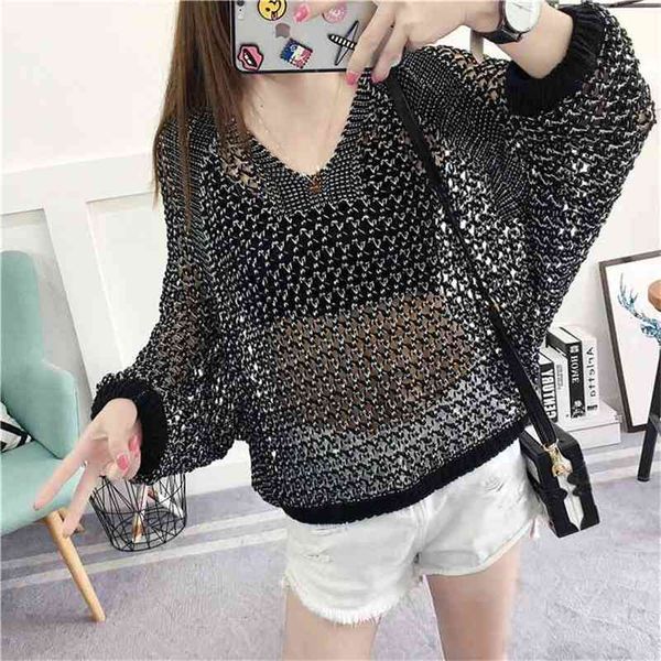 Übergroße lose koreanische Art Frauen Tops Hohl O-Ausschnitt Langarm Jumper Damen Pullover Plus Größe Casual weibliche Strickpullover 210810