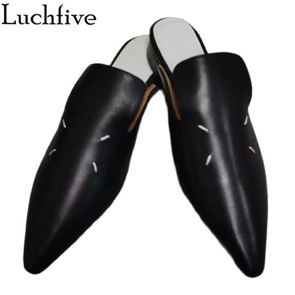 

pointy toe wrap mules ladies black white genuine leather kitten face chunky heel flat slippers summer runway casual dress shoes