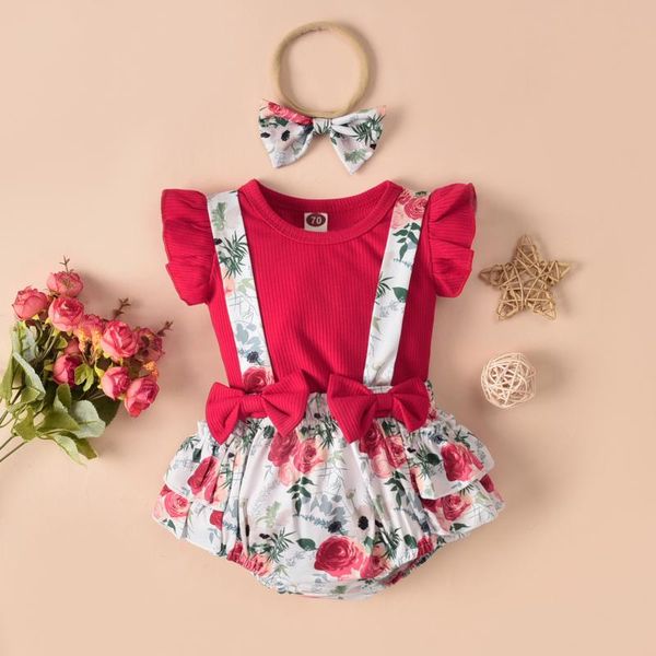 

clothing sets 2pcs summer born kid baby girls clothes ribbed romper +floral suspender shorts+headbands girl outfits, White