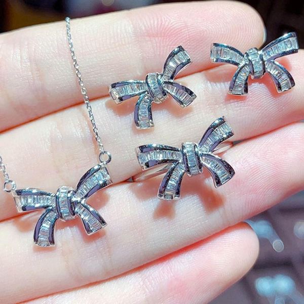 

earrings & necklace elegant bow jewelry set with fashion t-shape zircon fine silver color ring for women wedding party unusual