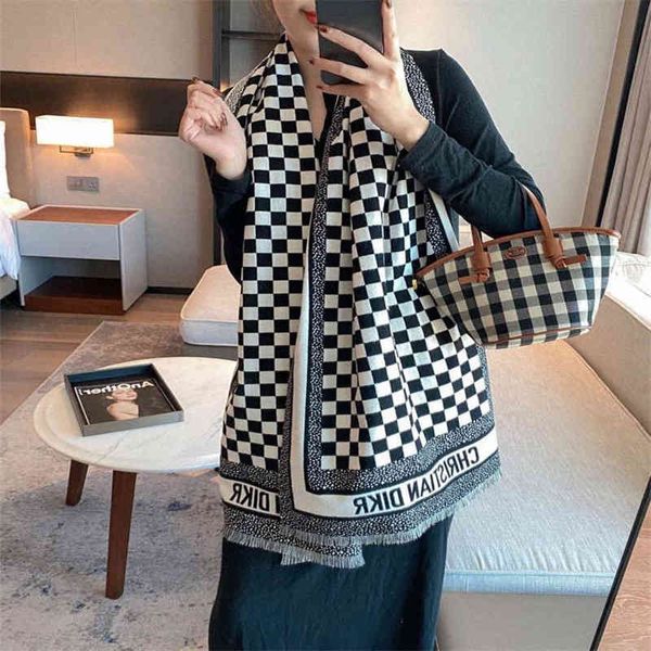

design scarf 2021 black white chessboard scarf women's autumn and new versatile imitation cashmere warm long shawl bib, Blue;gray