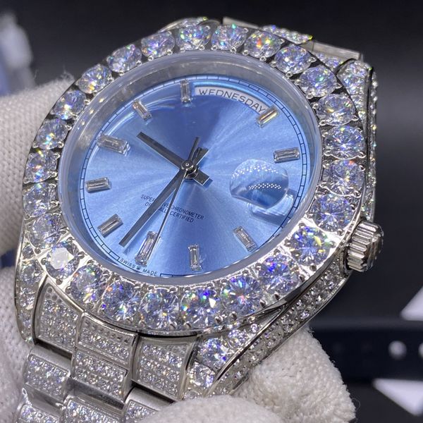 

automatic mechanical watch brand new 43mm all diamond blue shiny fashion men's watch, Slivery;brown