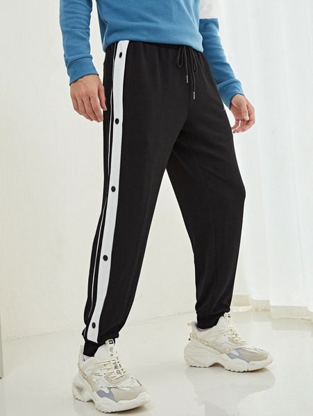 

men letter embroidery contrast side seam single breasted drawstring waist sweatpants h9ag#, Black