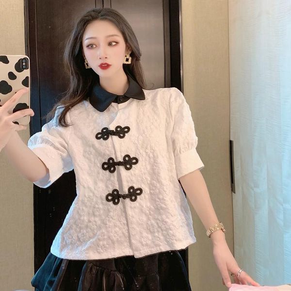 

women's blouses & shirts european and american fashion feminina summer lapel national wind embossed jacquard retro puff sleeve, White