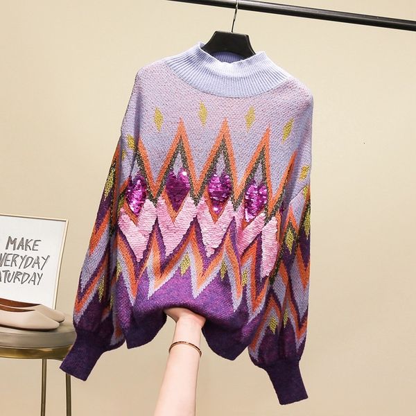

women's sweaters superaen geometric loose blouse in diamond form, heavy work with sequins, turtleneck woman retro 0zwe, White;black