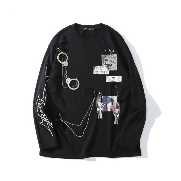 

men's hoodies & sweatshirts comics anime manga illustration hook and loop fastener chain design thin sweatshirt streetwear men high str, Black