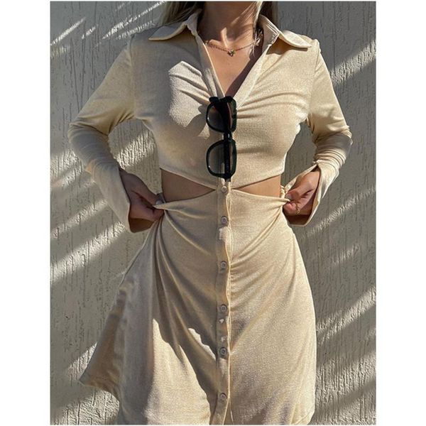 

casual dresses 2021 hollow lapel temperament dress female fashion design sense slim long sleeve, Black;gray