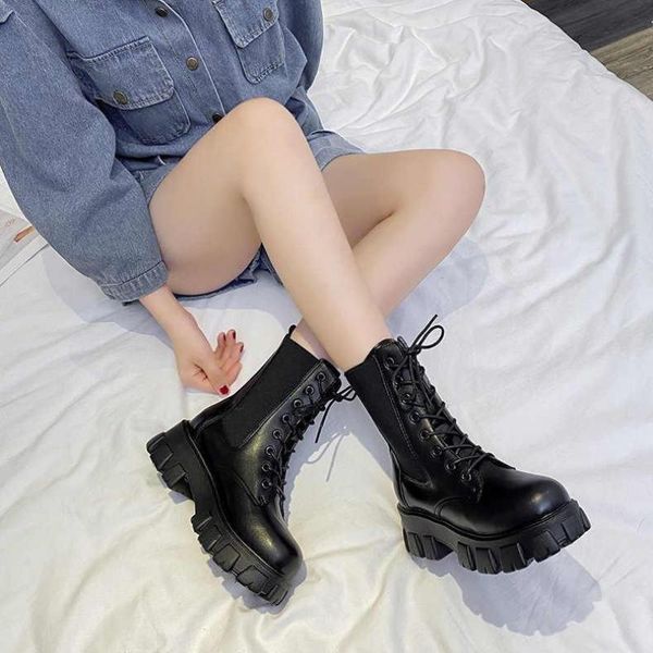 

boots 2021 style women's autumn western-style thick-soled non-slip shoes flat-heel fashion lace-up flat boot, Black