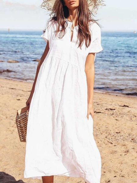 

cotton linen color long large swing splicing v-neck short sleeve, White;black