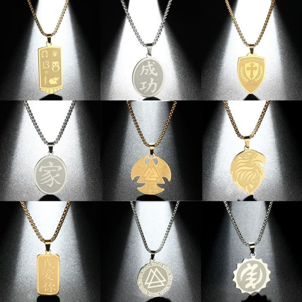 

pendant necklaces chinese symbol successful home i love you stainless steel necklace for women men cross shield viking pendants, Silver