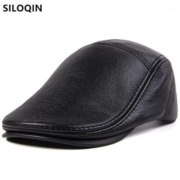 

berets siloqin snapback cap autumn winter men's sheepskin leather natural hat adjustable size simple casual dad's hats, Blue;gray