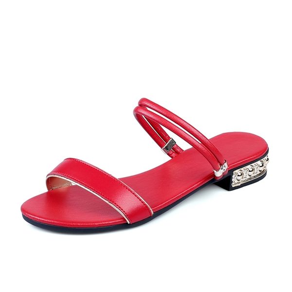 

women genuine leather slippers low heel t-strap ladies open toe black beige red buckle metal decoration summer female shoes 210805