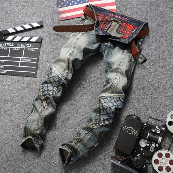 

men's jeans retro old street fashion ripped letter men motorcycle pants punk pantalon homme male, Blue