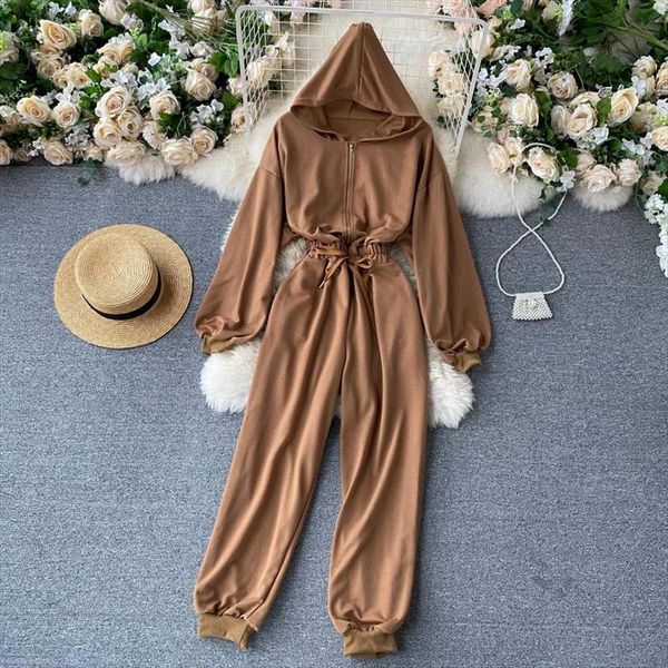 

zipper loose hoodies autumn women romper full length casual high waist elegant rompers winter long sleeve tie, Black;white