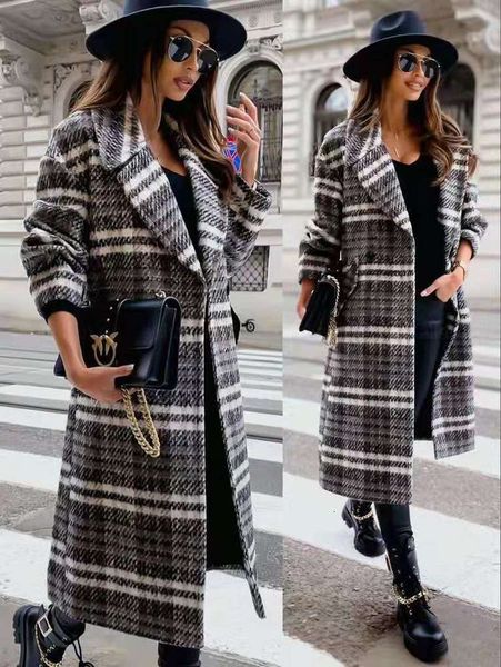 

double color plaid medium length tweed coat, Black;brown