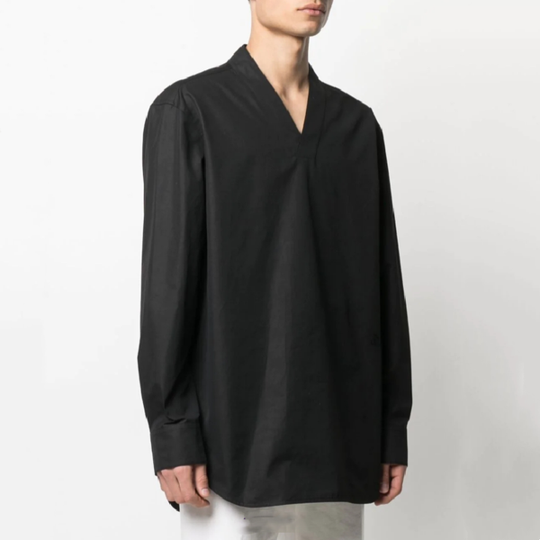 

men's casual shirts spring and summer men all-match loose youth personality sleeve v collar back button solid color long shirt thin, White;black