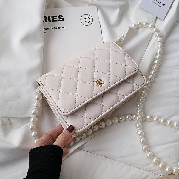

niche design pearl chain bag female 2021 new fashion messenger bag square bag lingge saddle shoulder width 20cm