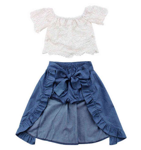 

3pcs baby girl clothes sets lace off-shoulder t-shirt skirts shorts bowknot denim summer party clothes set child 1-6t g220217, White