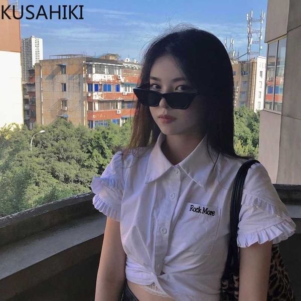 

kusahiki summer flying sleeve blouse twisted high waist crop shirt korean letters pocket womens blouses 6h257 210602, White