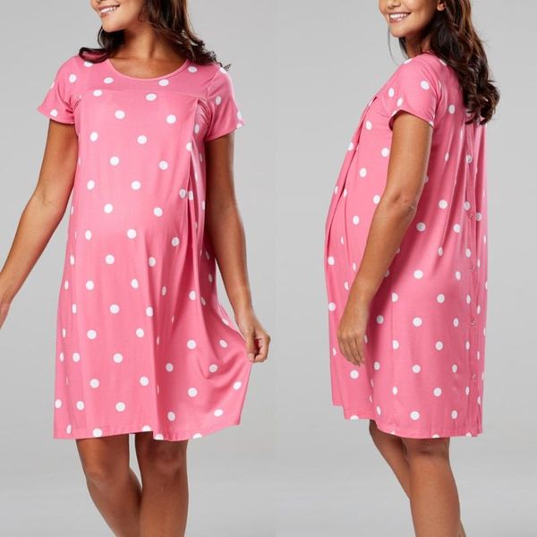 

short sleeve flannel maternity clothing polka dot printing coral pajamas set pregnant women breastfeeding nursing pyjama dresses, White