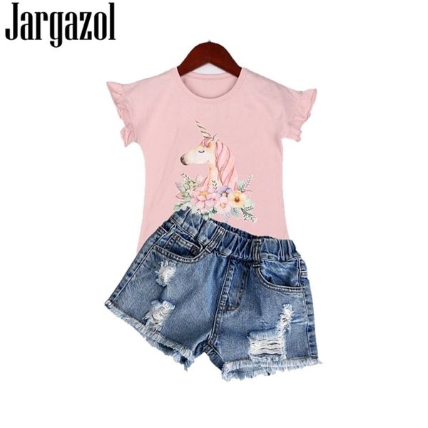 Sommer Kinder Kleidung Einhorn Gedruckt Fliegen Kurzarm ShirtBroken Loch Denim Shorts Kleine Mädchen Kostüm Kinder Outfits 210326