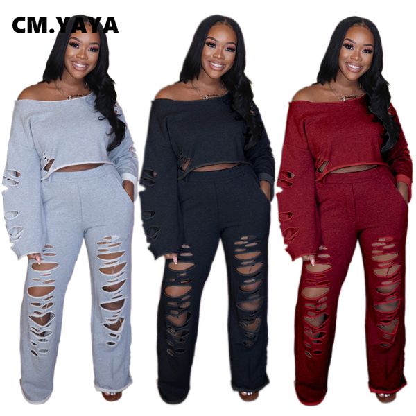 

activewear womens set off shoulder crop hole straight pants matching set trasuit fitness two 2 piece set outfitby air, White