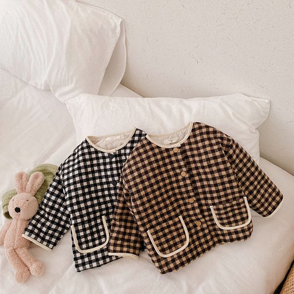 

2021 new winter baby girls cotton-padded coats korean style plaid thicken children outerwear toddlers kids warm jackets, Blue;gray