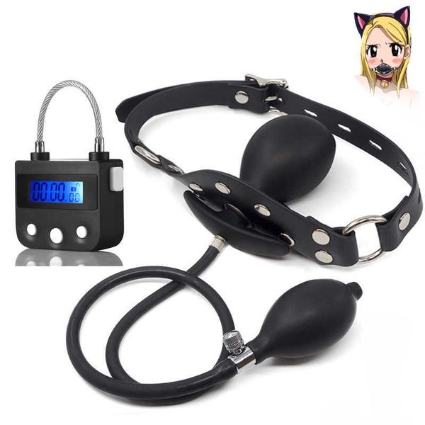 Mordaça de boca aberta inflável Interruptor de temporizador digital BDSM Bondage para casais adultos Jogo de bloqueio de tempo Brinquedos sexuais Acessórios P0816