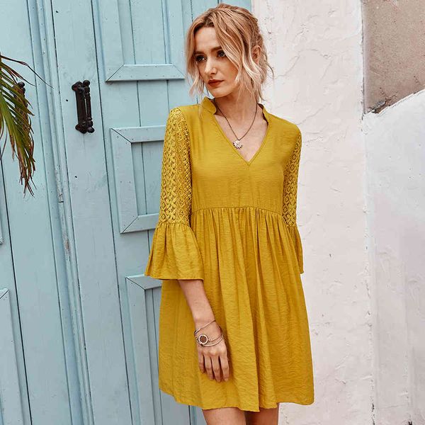 

dresses v-neck women patchwork lace elegant flare sleeve short es summer boho beach ladies casual mini aqvb, Black;gray