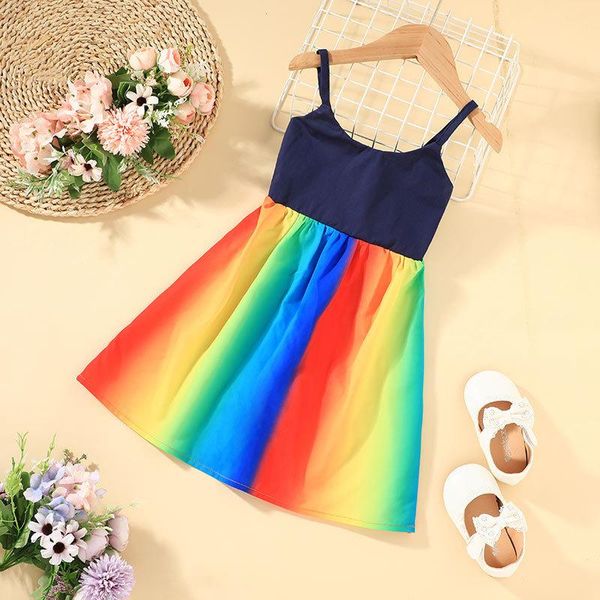 

rainbow girls dresses sling mini children for girl a line casual summer dress ruffles clothes costume 2021 girl's, Red;yellow