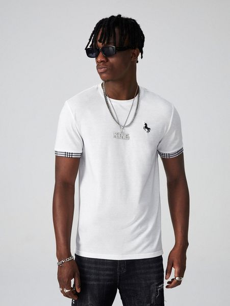 

men drop shoulder unicorn embroidery plaid print tee n9qm#, White;black
