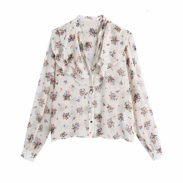 

women's blouses & shirts oversize women chiffon v neck 2021 spring fashion ladies single-breasted ruffled collar sweet beach wind, White